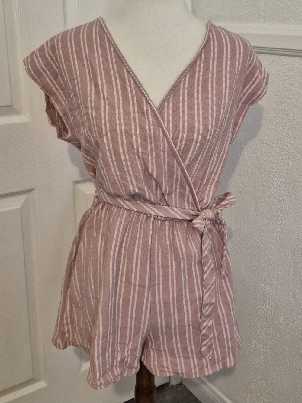 Caution To The Wind Mauve Pink Striped Knit Romper Shorts